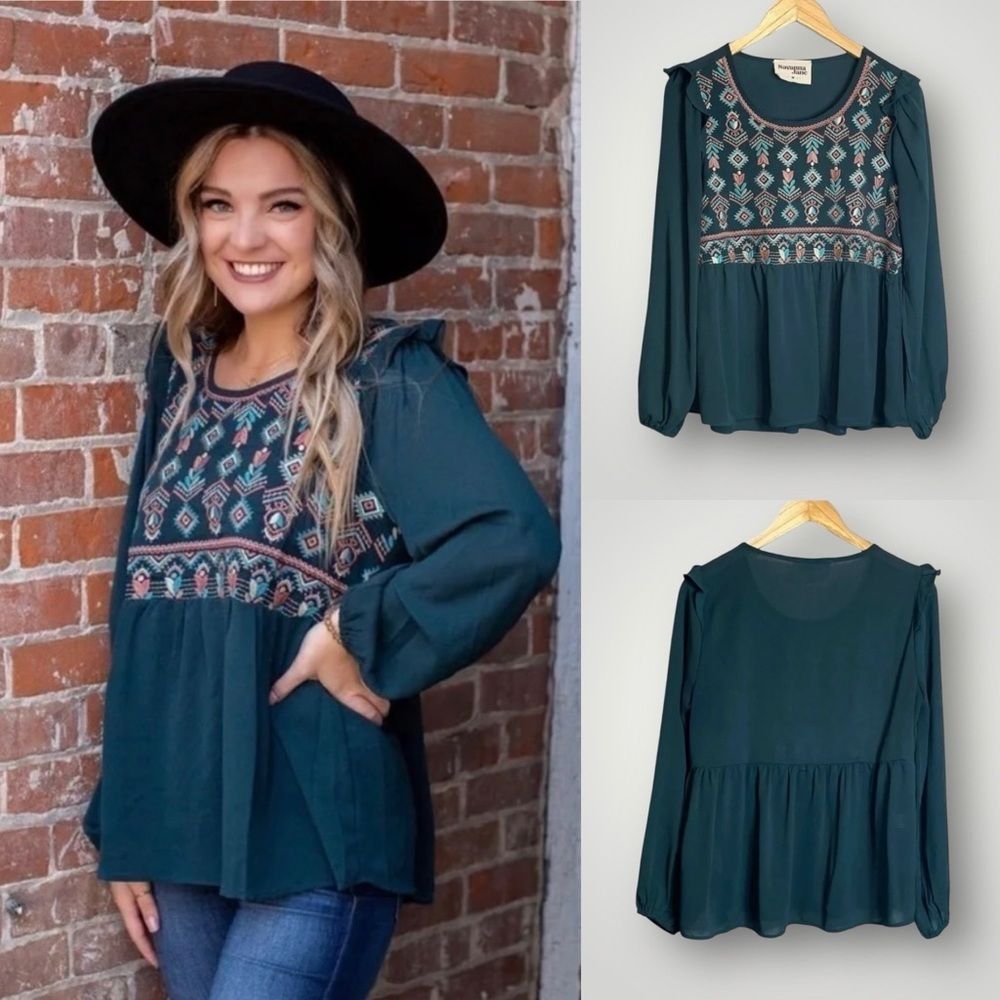 Savanna Jane Embroidered Tunic Ruffle Detail Long Sleeve Green EUC